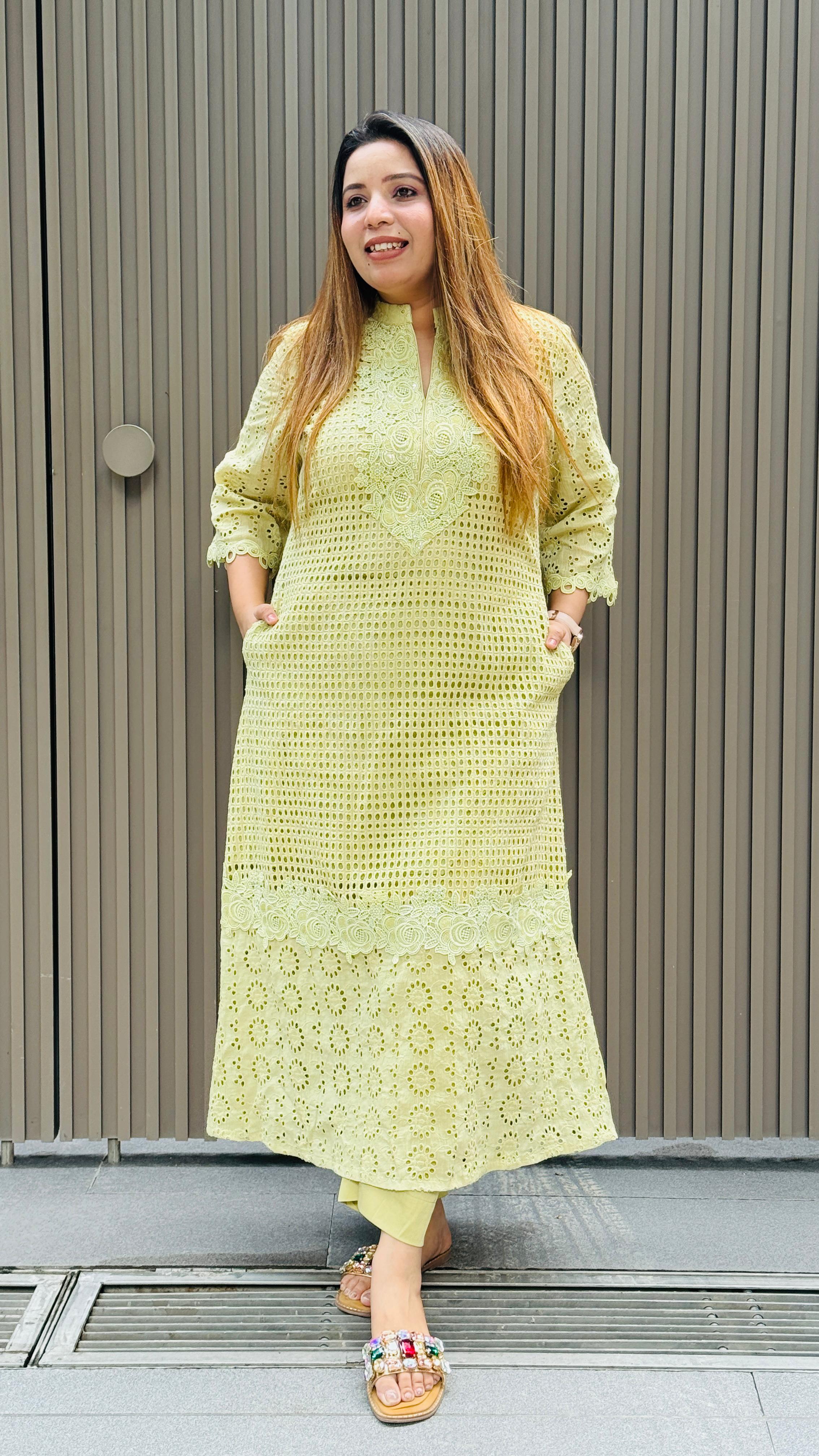 Hakuba A-Line Kurta Set- Green, Pink, Peach